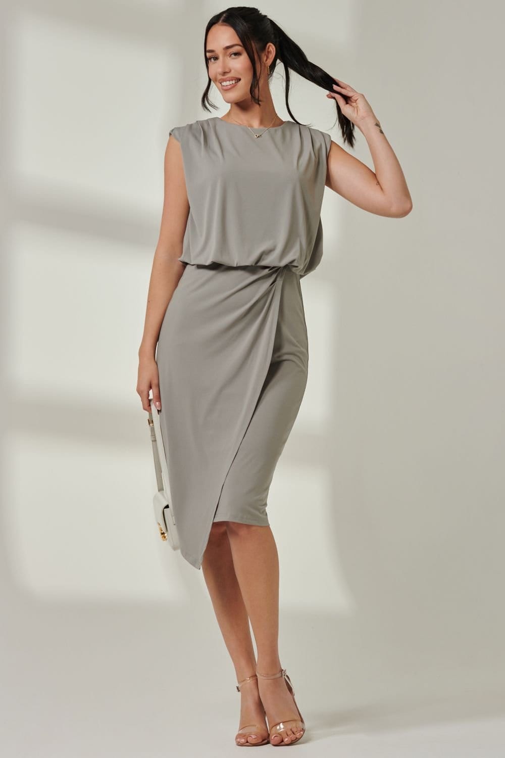 Jolie Moi Jolie Moi Women's Tiered Draped Pencil Dress in Light Khaki - 4
