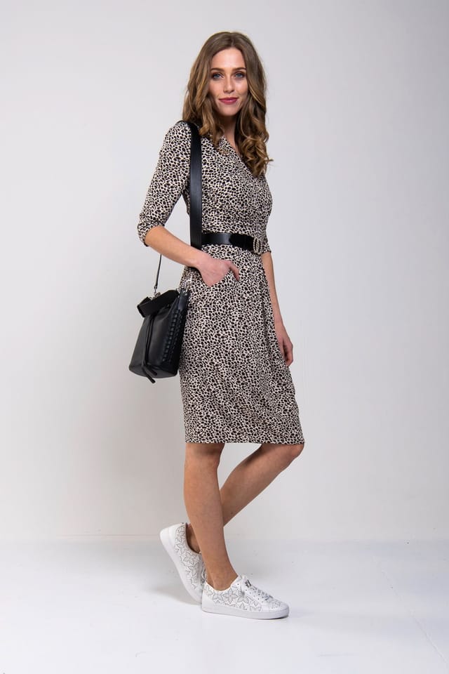 Jolie Moi Jolie Moi Women's Wrap Front Shift Jersey Dress in Beige - 3