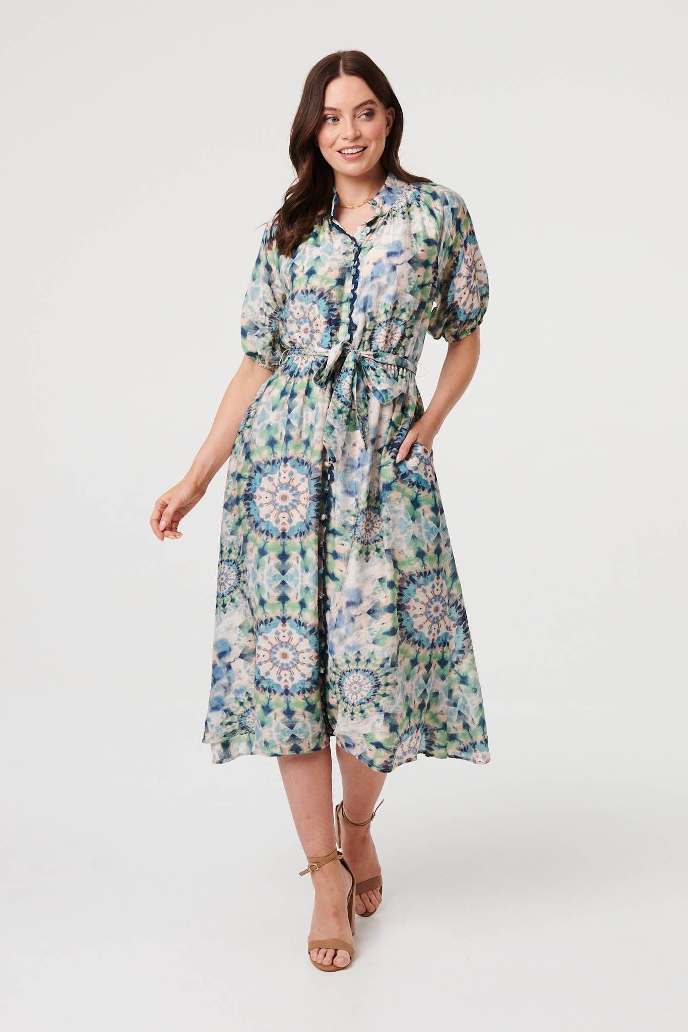 Izabel London Izabel London Women's Abstract Tie Waist 1/2 Sleeve Midi Dress in Green