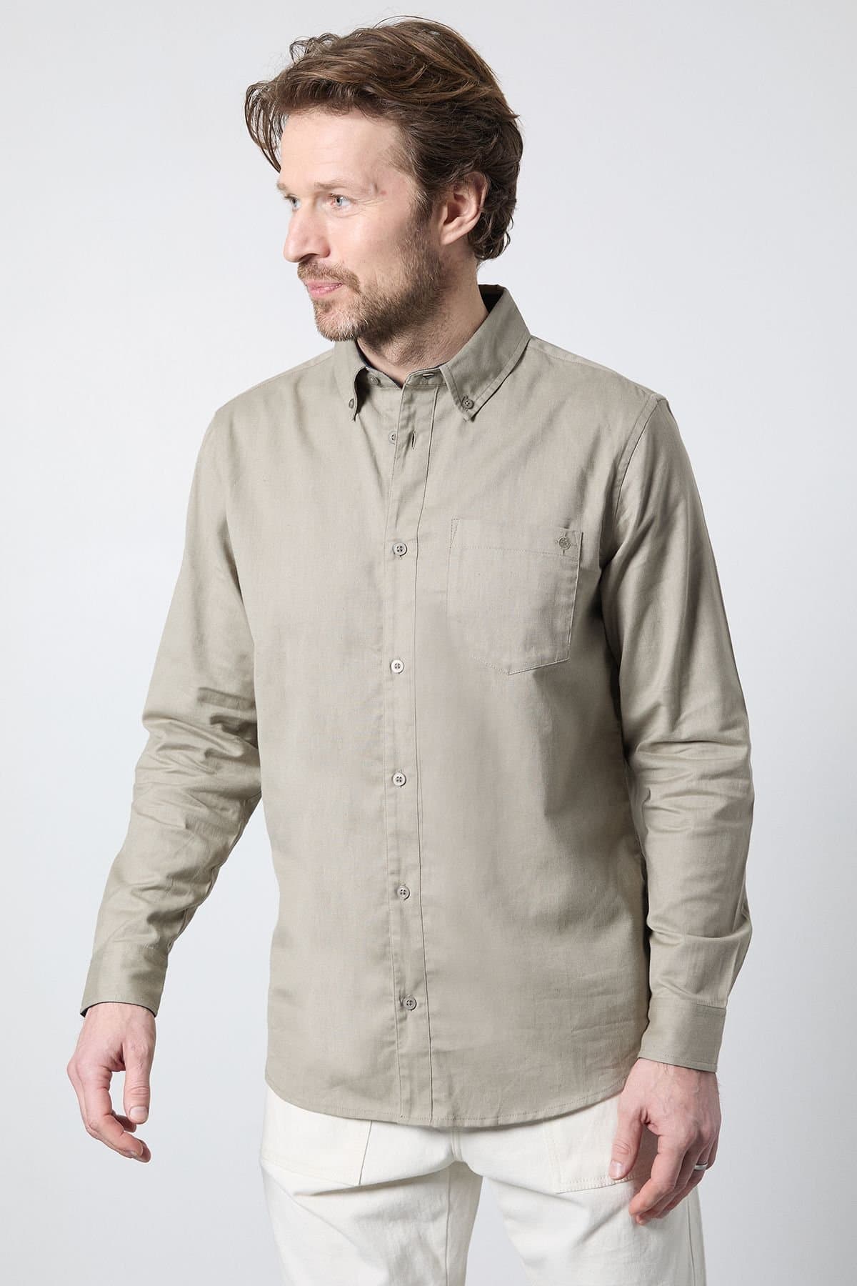 Maine Maine Men's Khaki Long Sleeve Linen Blend Shirt