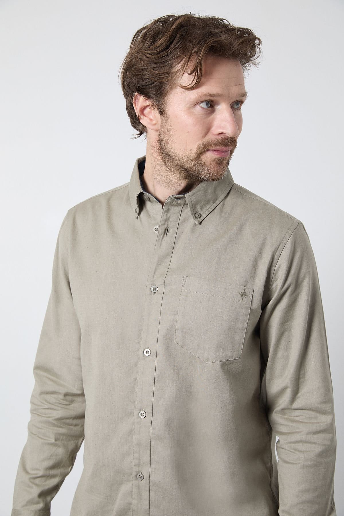 Maine Maine Men's Khaki Long Sleeve Linen Blend Shirt - 4