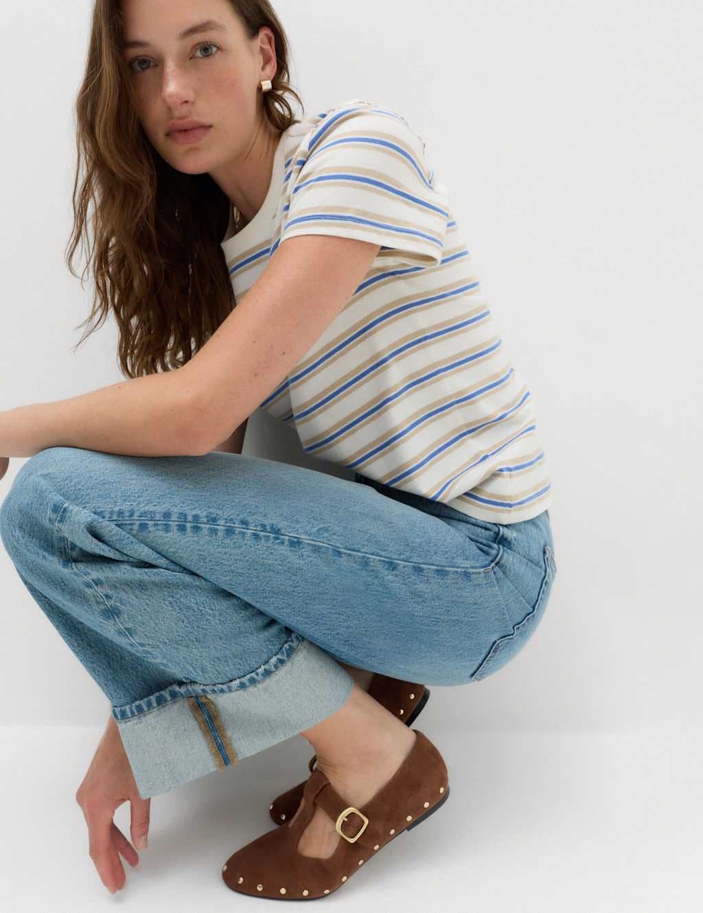 Marks & Spencer M&S Pure Cotton Striped T-Shirt Bright Blue Mix