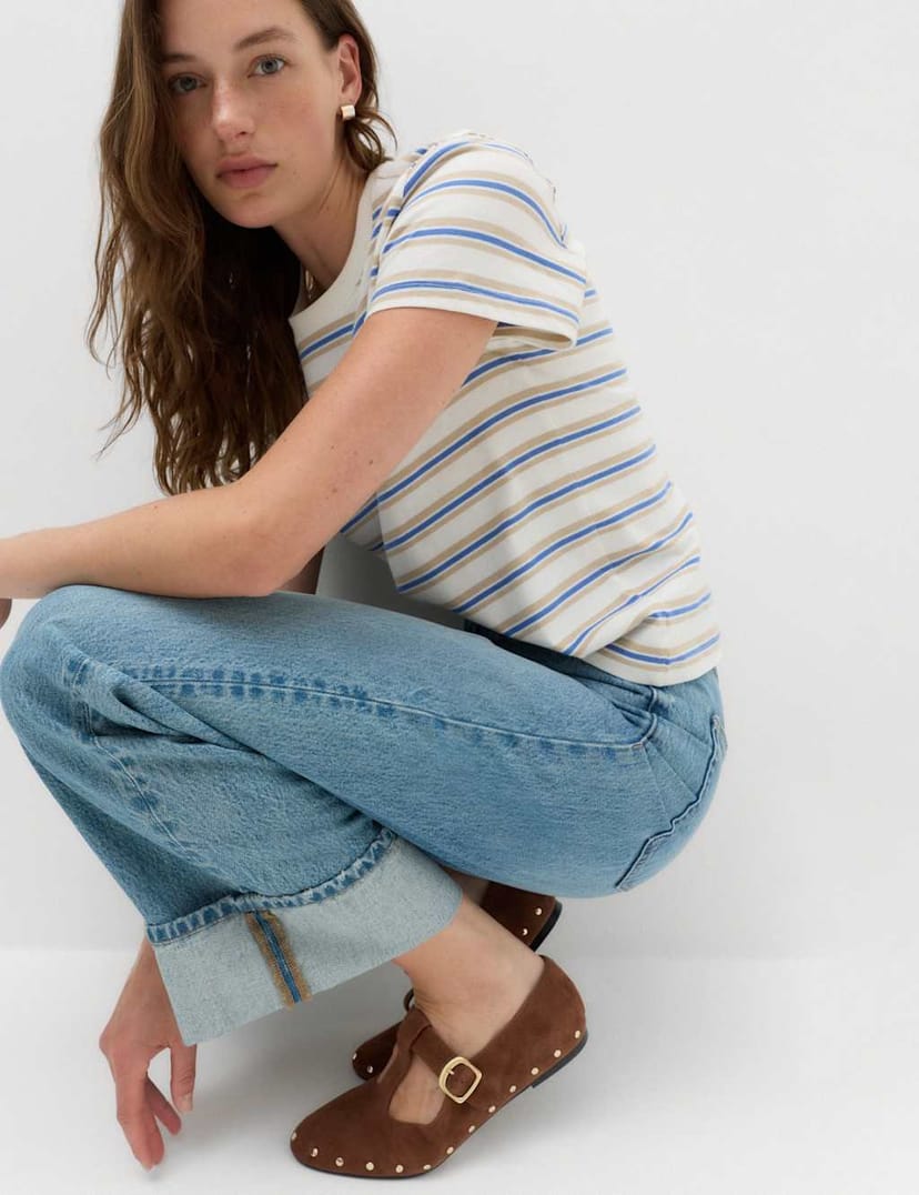 Marks & Spencer M&S Pure Cotton Striped T-Shirt Bright Blue Mix - 1