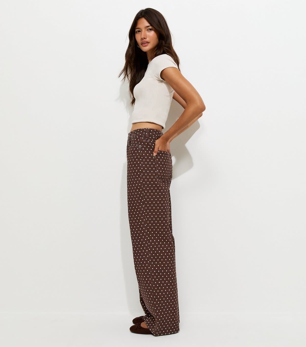 New Look Women's Brown Denim Polka Dot Wide Leg Jeans New Look