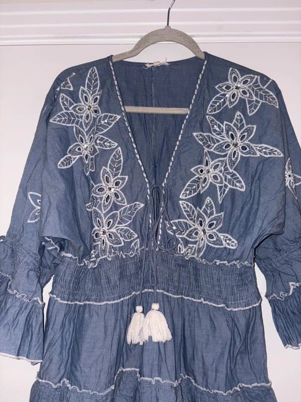 Anisa Anisa Blue Denim Look Embellished Boho Gypsy Dress Size S/M Elasticated tassel