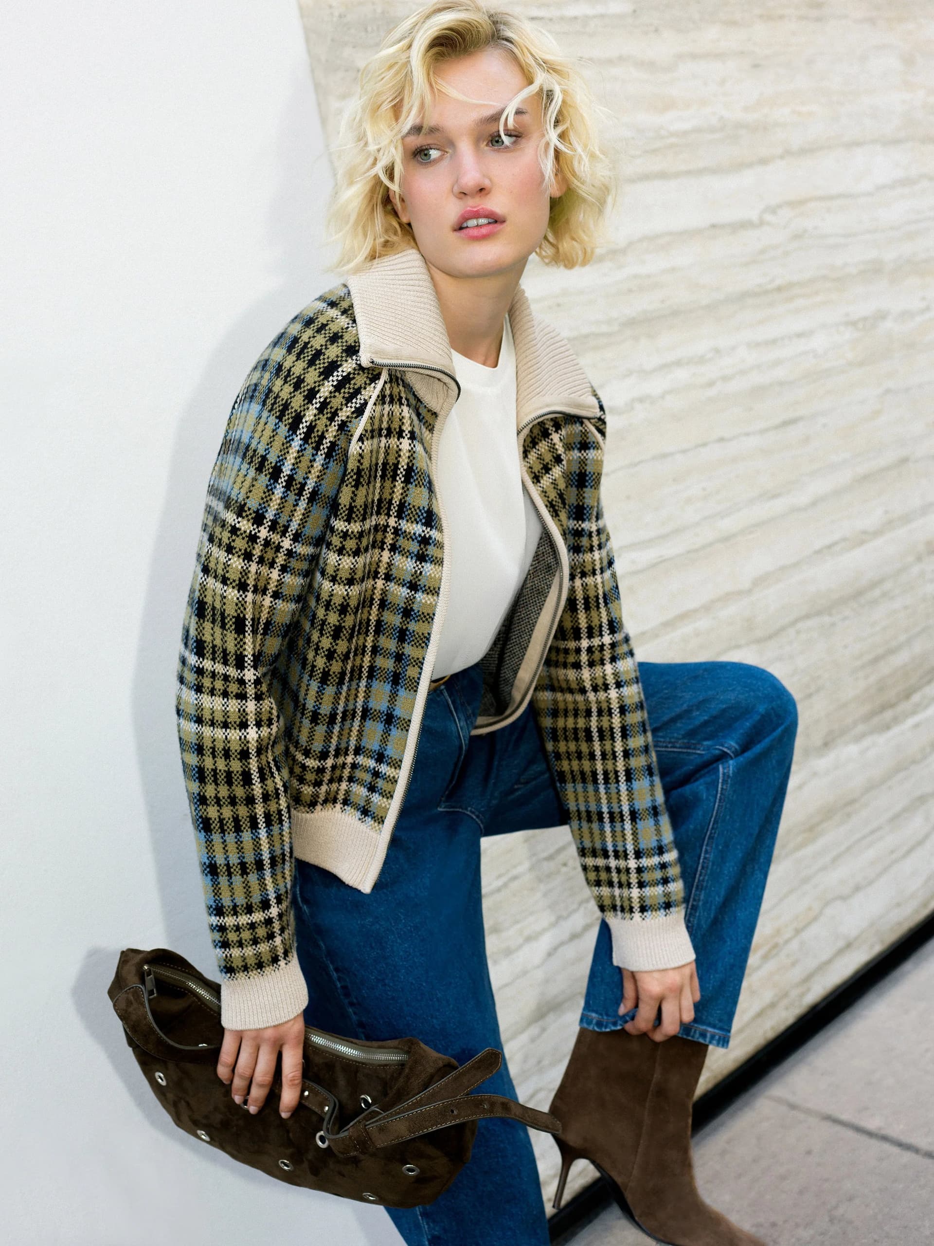 French Connection Green Check Zip-Up Cardigan Green Taupe Multi