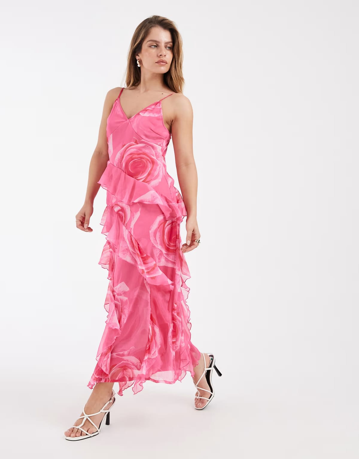 ASOS Vero Moda Petite Smilla Chiffon cami ruffle detail midi dress in pink tonal overblown rose print - 1