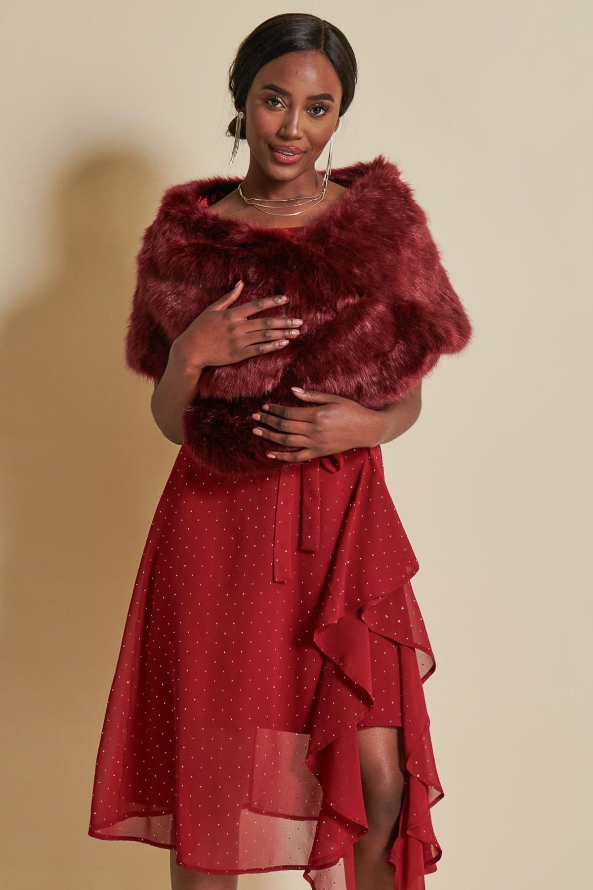 Jolie Moi Jolie Moi Women's Faux Fur Wrap Cover Up in Wine