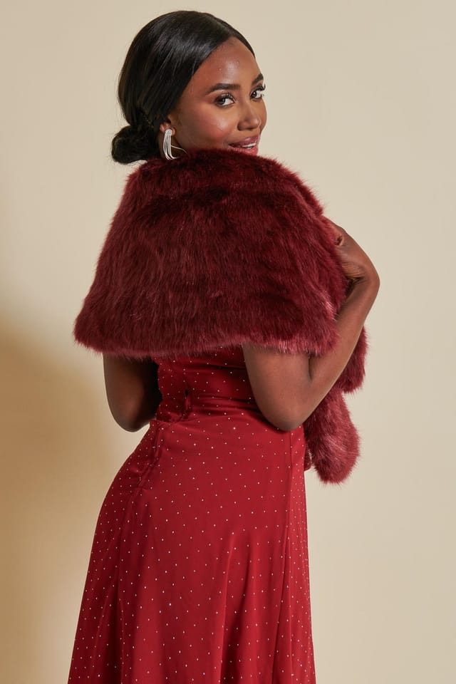 Jolie Moi Jolie Moi Women's Faux Fur Wrap Cover Up in Wine - 2