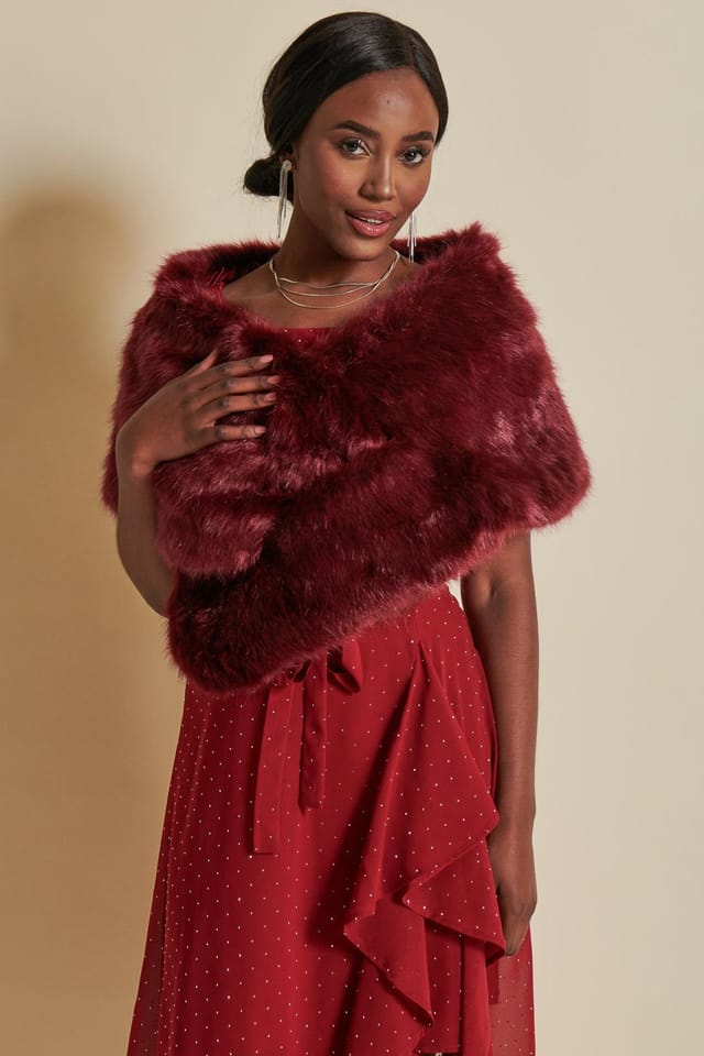 Jolie Moi Jolie Moi Women's Faux Fur Wrap Cover Up in Wine - 3