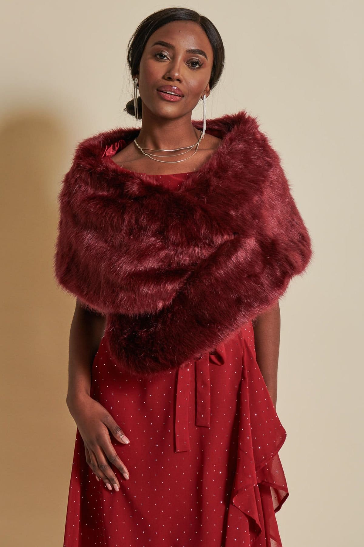 Jolie Moi Jolie Moi Women's Faux Fur Wrap Cover Up in Wine - 4