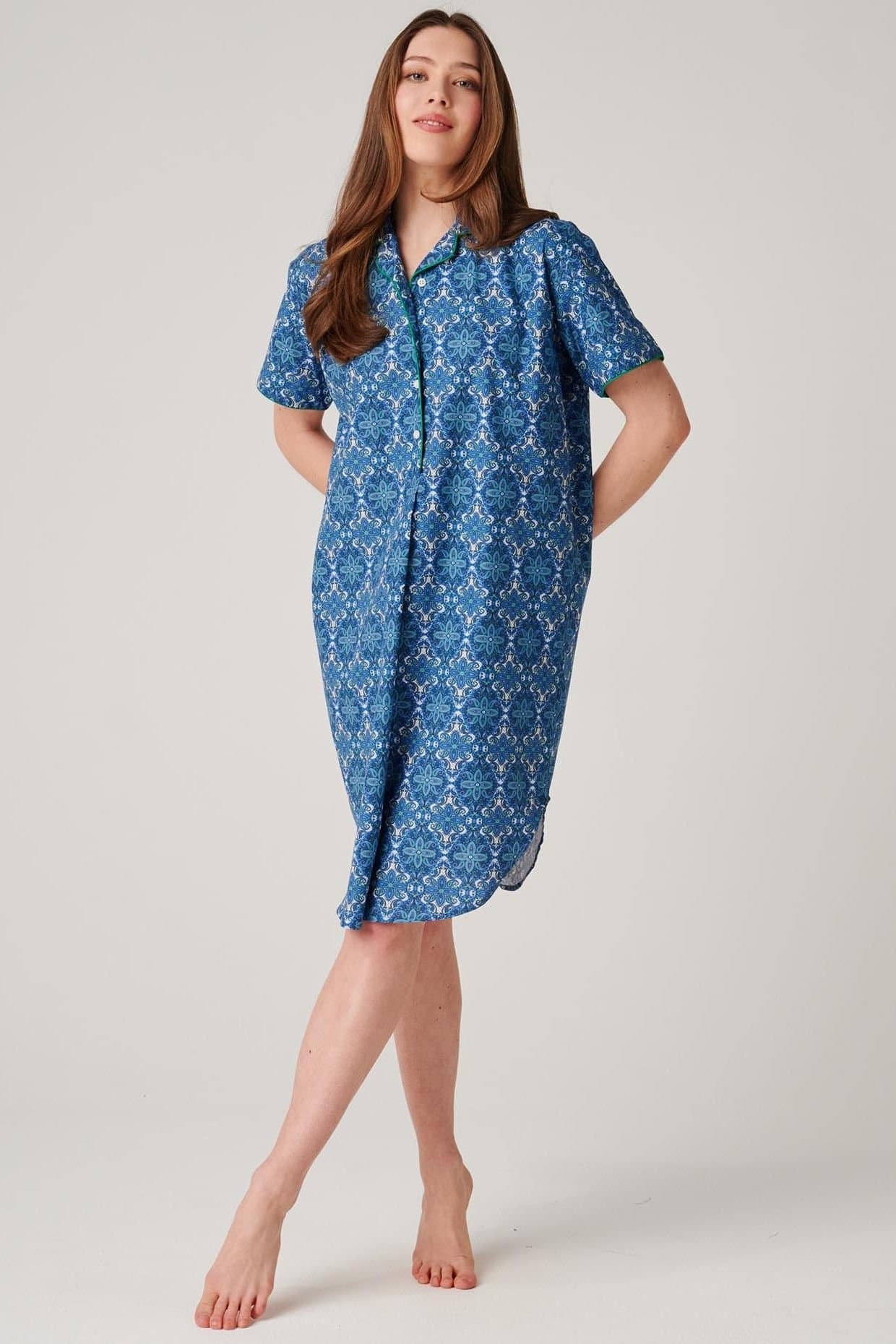 British Boxers British Boxers Women's "Marrakesh Paisley" Crisp Cotton Short Sleeve Nightshirt in Bright Blue