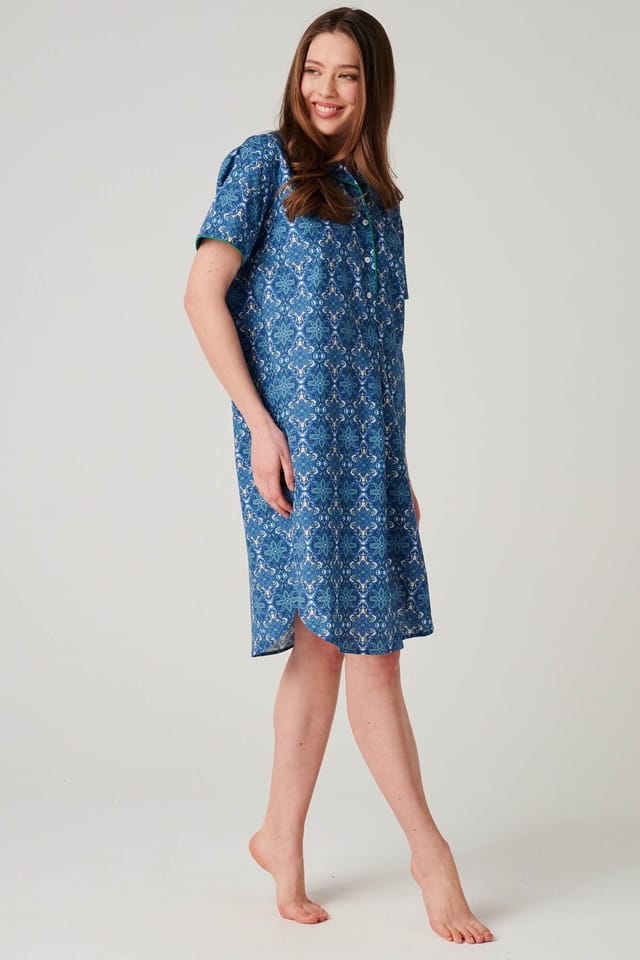 British Boxers British Boxers Women's "Marrakesh Paisley" Crisp Cotton Short Sleeve Nightshirt in Bright Blue - 2