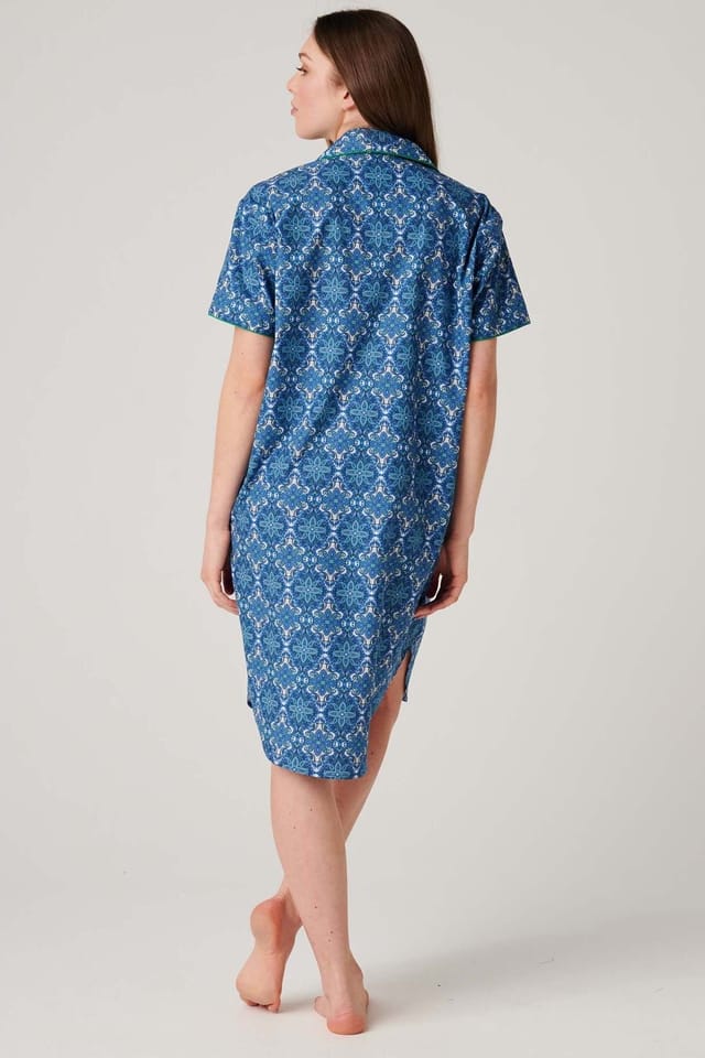 British Boxers British Boxers Women's "Marrakesh Paisley" Crisp Cotton Short Sleeve Nightshirt in Bright Blue - 3