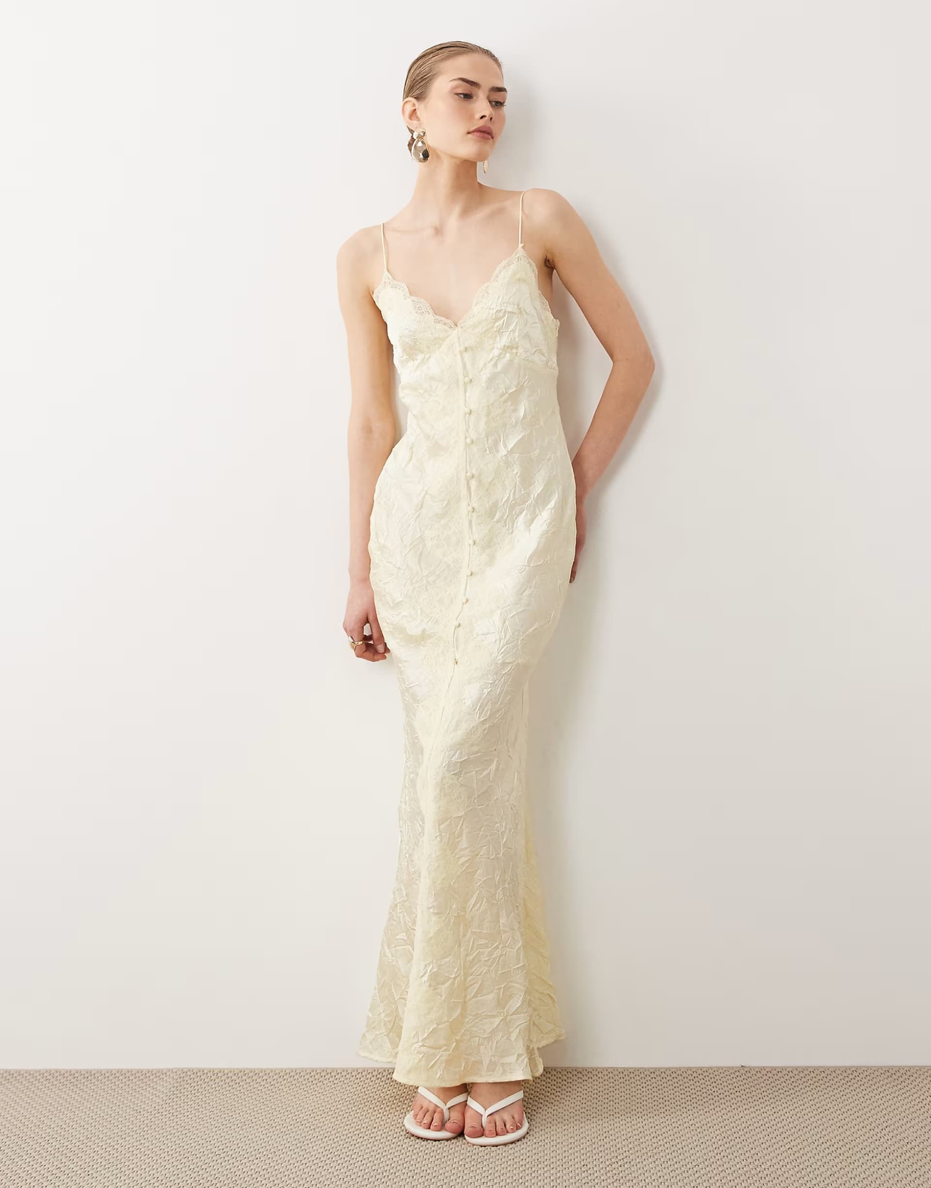 ASOS ASOS DESIGN lace detail button down front slip maxi dress in yellow