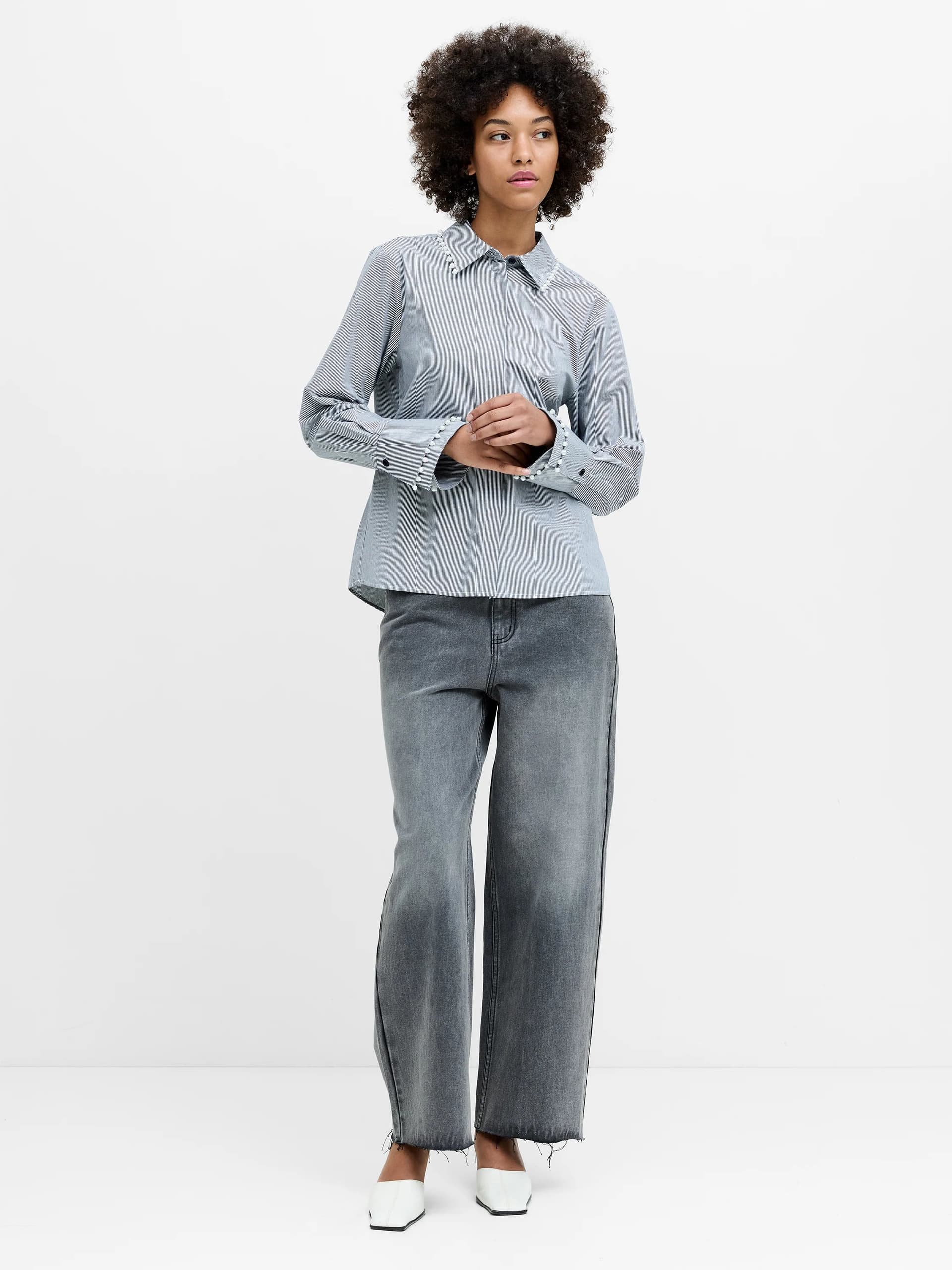 French Connection Cambria Cotton Pearl Trim Navy Stripe Shirt New Navy/Winter White