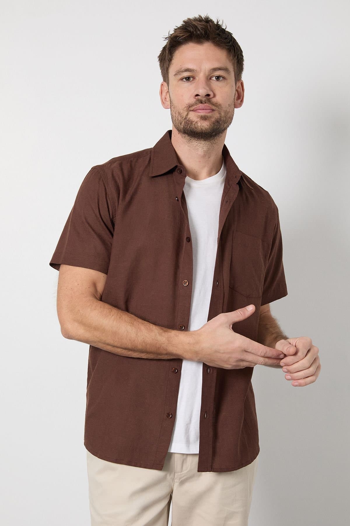 Burton Burton Men's Chocolate Linen Blend Short Sleeve Shirt