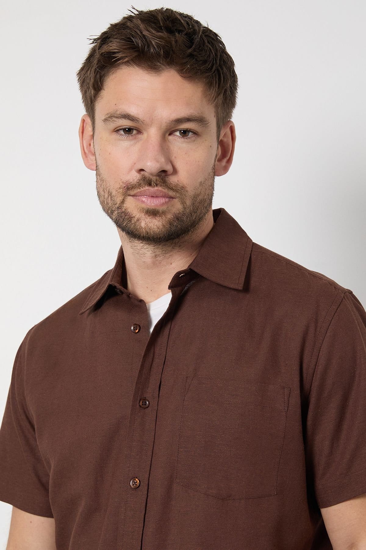 Burton Burton Men's Chocolate Linen Blend Short Sleeve Shirt - 4