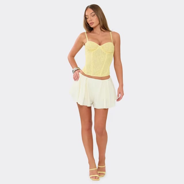 EGO Mid Rise Pleated Frill Shorts In Mini Cream, Women's Size UK 6 - 2