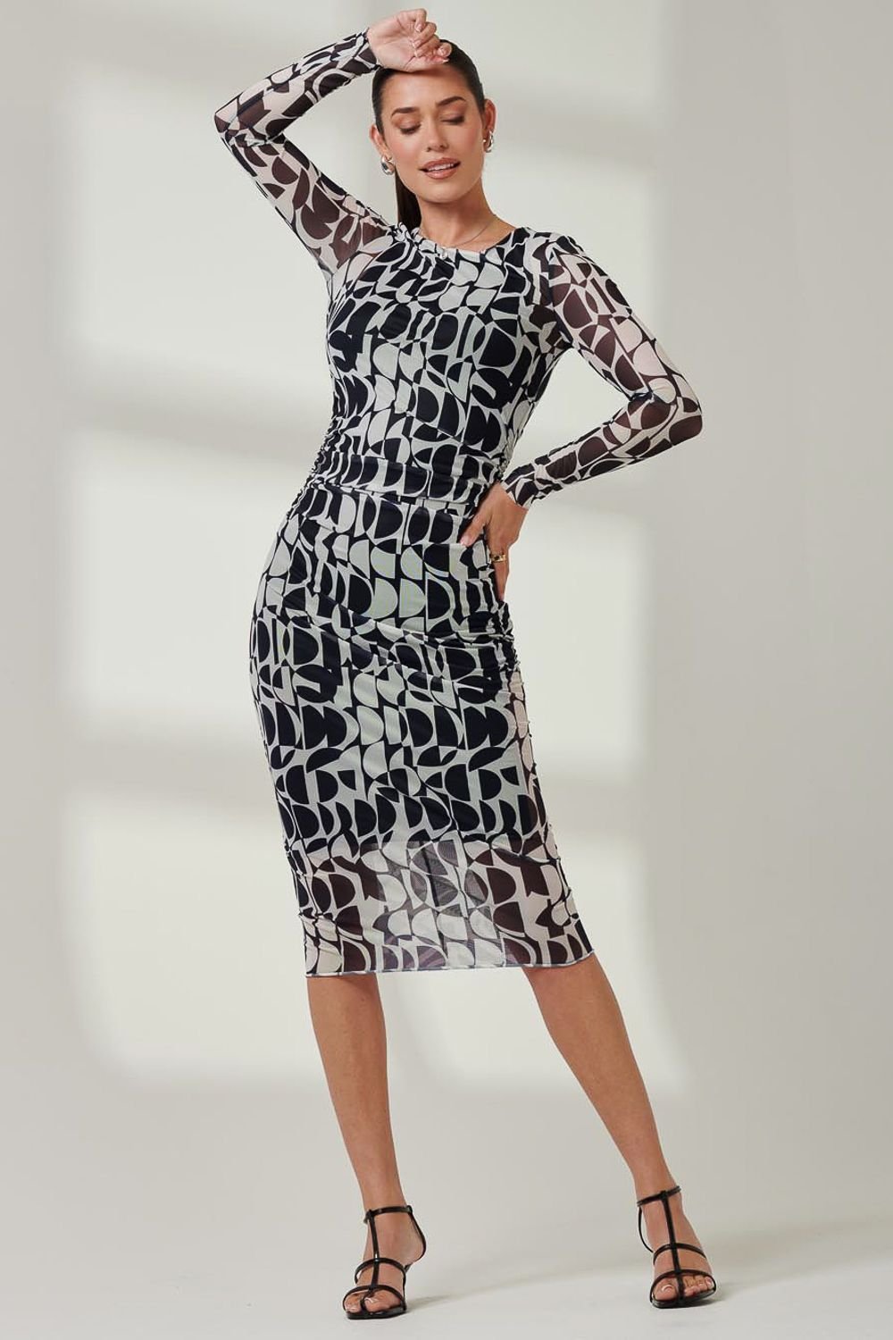 Jolie Moi Jolie Moi Women's Long Sleeve Mesh Bodycon Maxi Dress in Dark Navy - 2