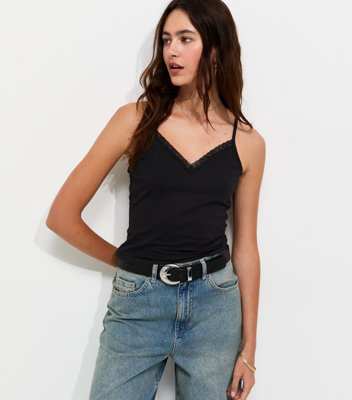 New Look Women's Black Lace Trim V-Neck Cami Top New Look