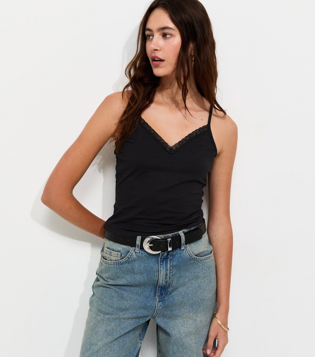 New Look Black Lace Trim V-Neck Cami Top