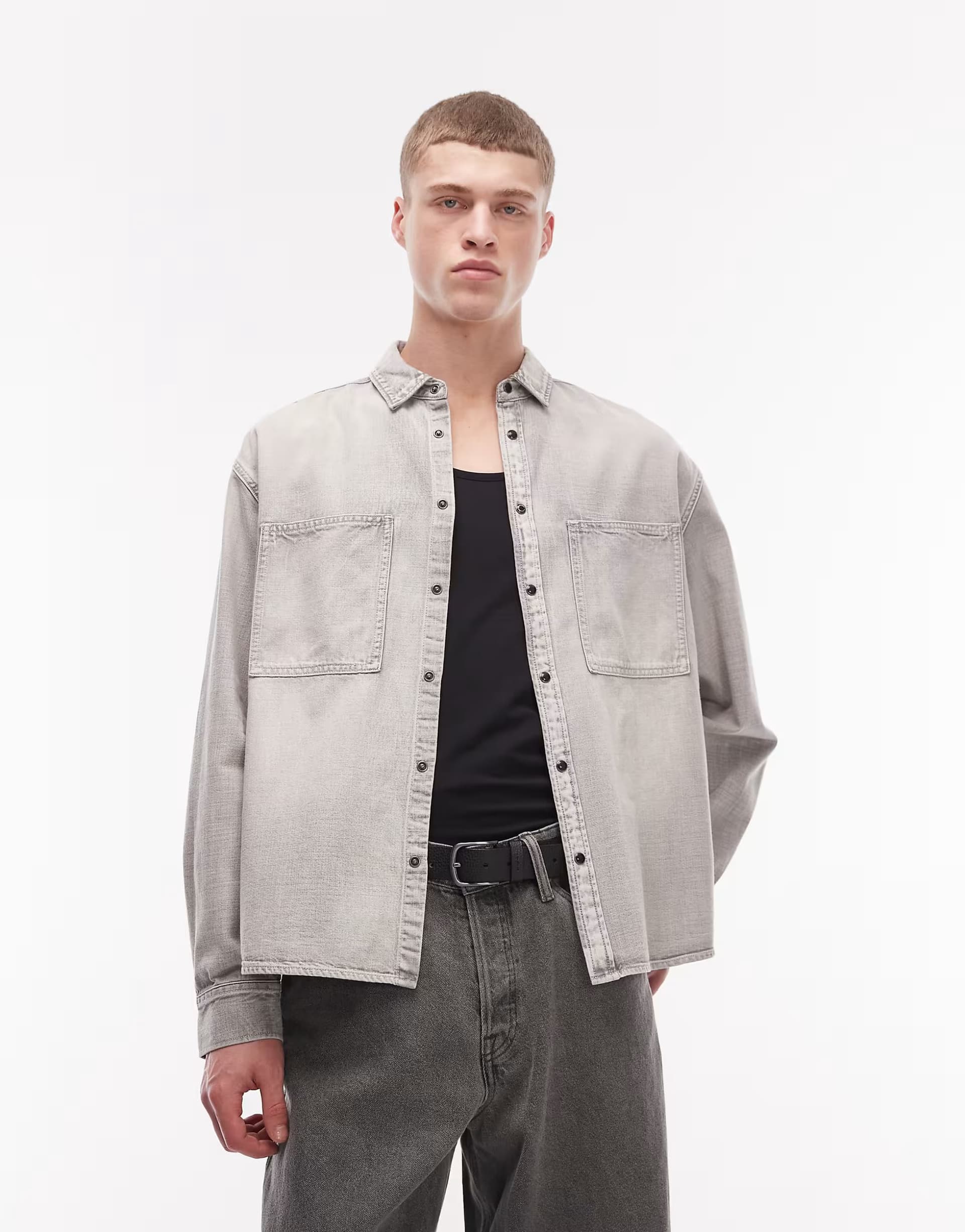 ASOS ASOS AllSaints Canvas Long Sleeve Denim Shirt in Light Grey