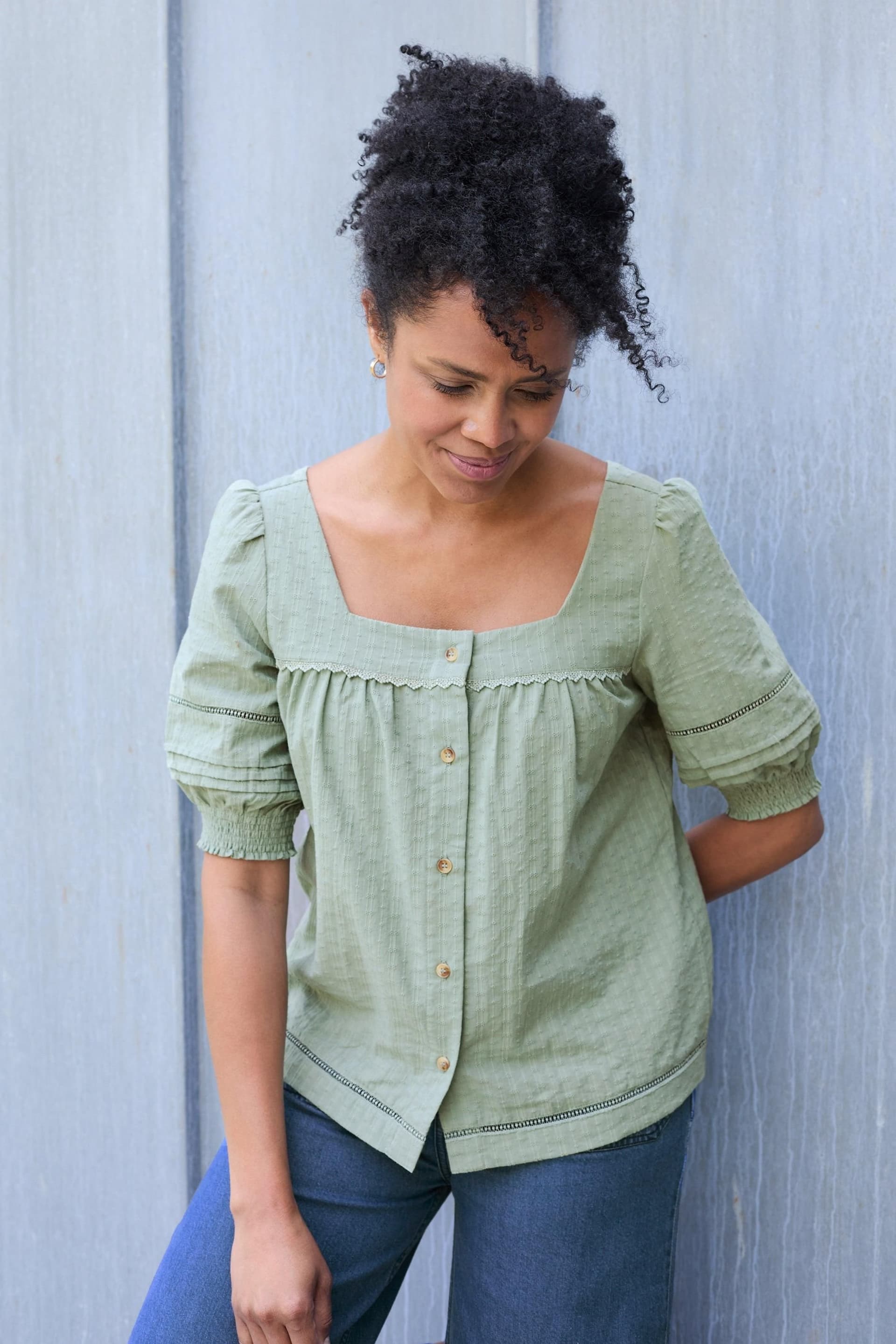 Lily & Me Lily & Me Women's Poppy Embroidered Cotton Blouse in Green