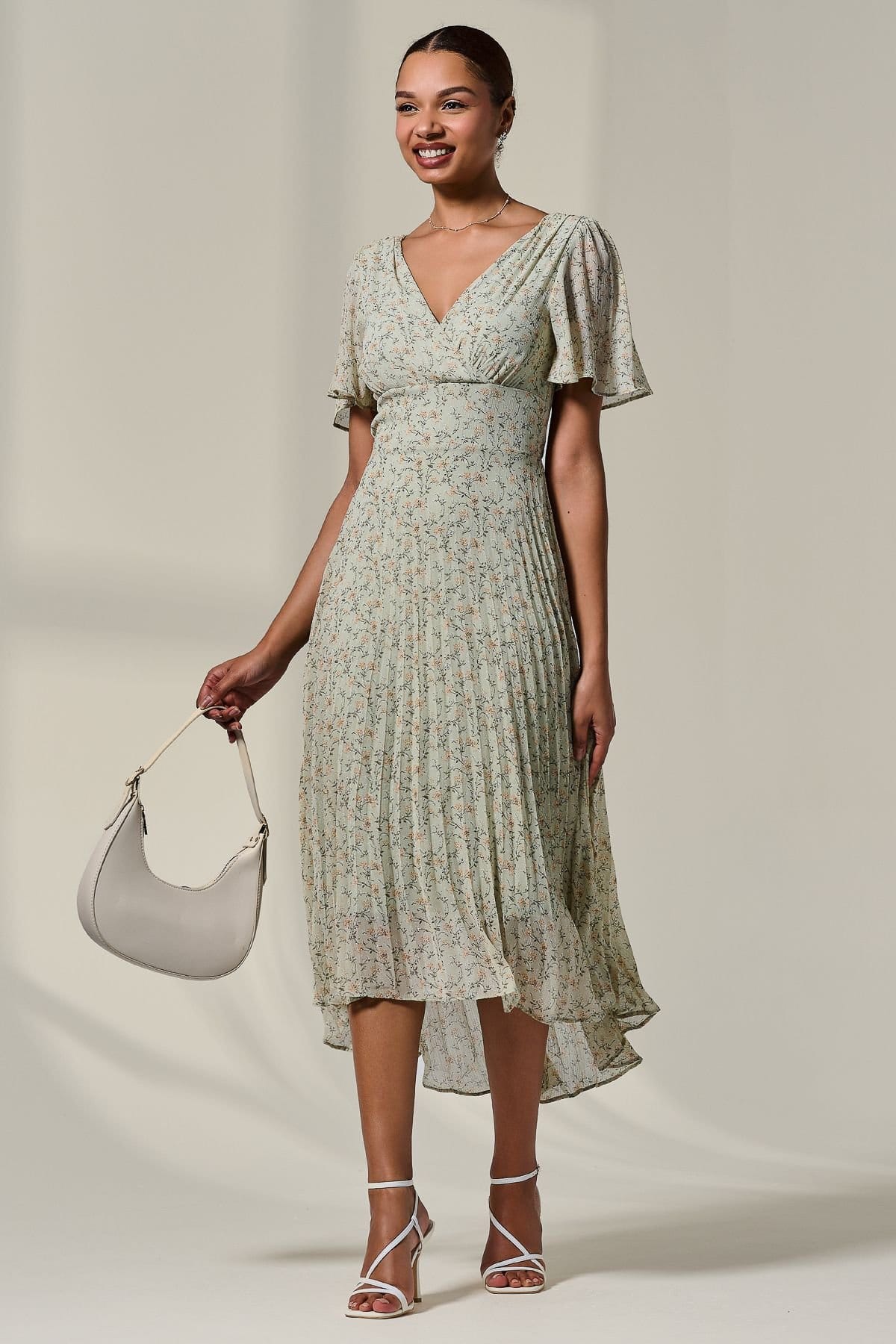 Jolie Moi Jolie Moi Women's Floral Pleated Dip Hem Maxi Dress in Green - 4