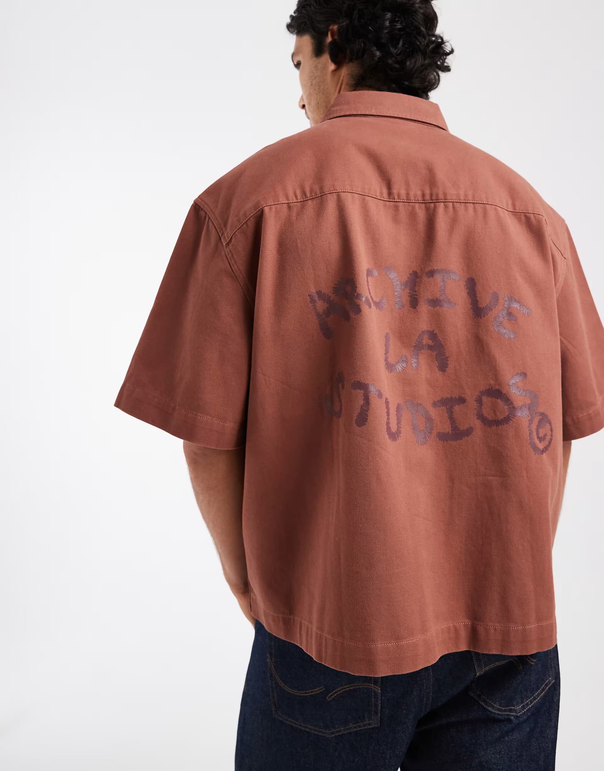 ASOS ASOS DESIGN boxy oversized half sleeve twill shirt with back print in brown
