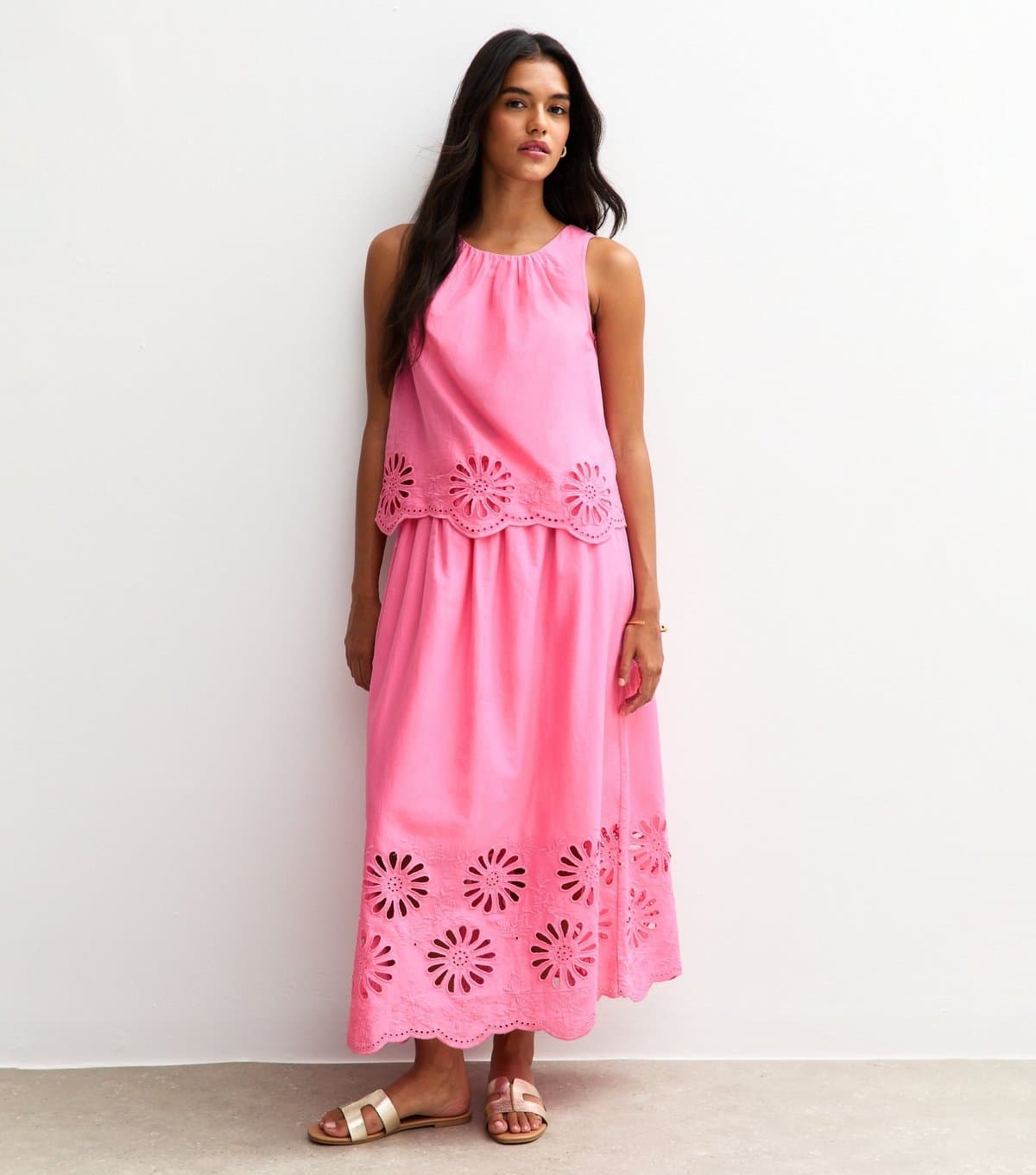 New Look Women's Pink Embroidered Cutout Hem Midi Skirt New Look