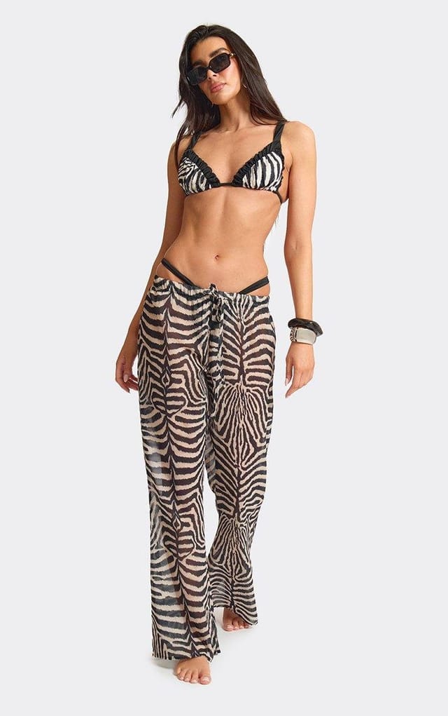 EGO Low Rise Drawstring Slouchy Wide Leg Trousers In Zebra Print, Women's Size UK L - 2