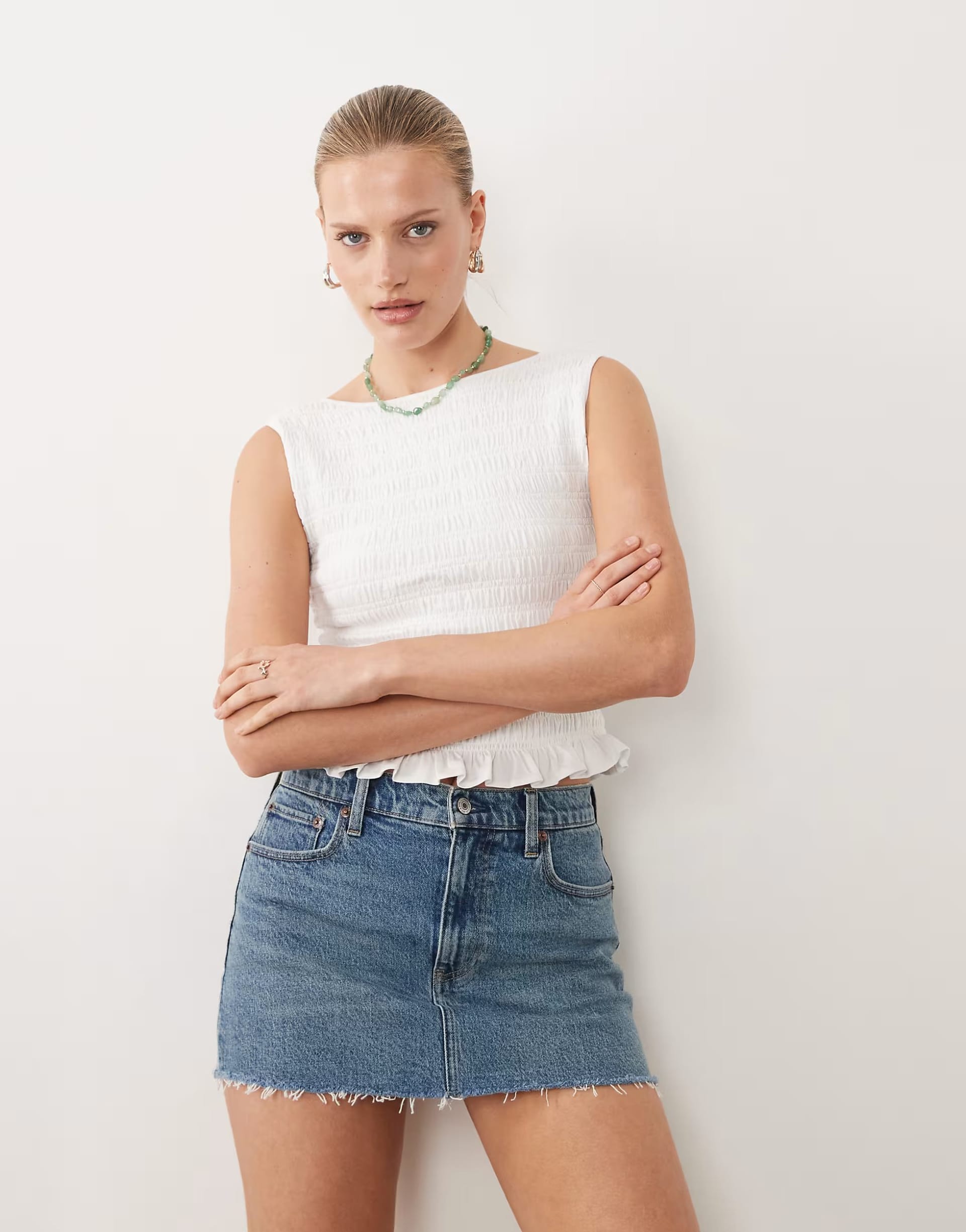 Abercrombie & Fitch White Sleeveless Top with Denim Mini Skirt