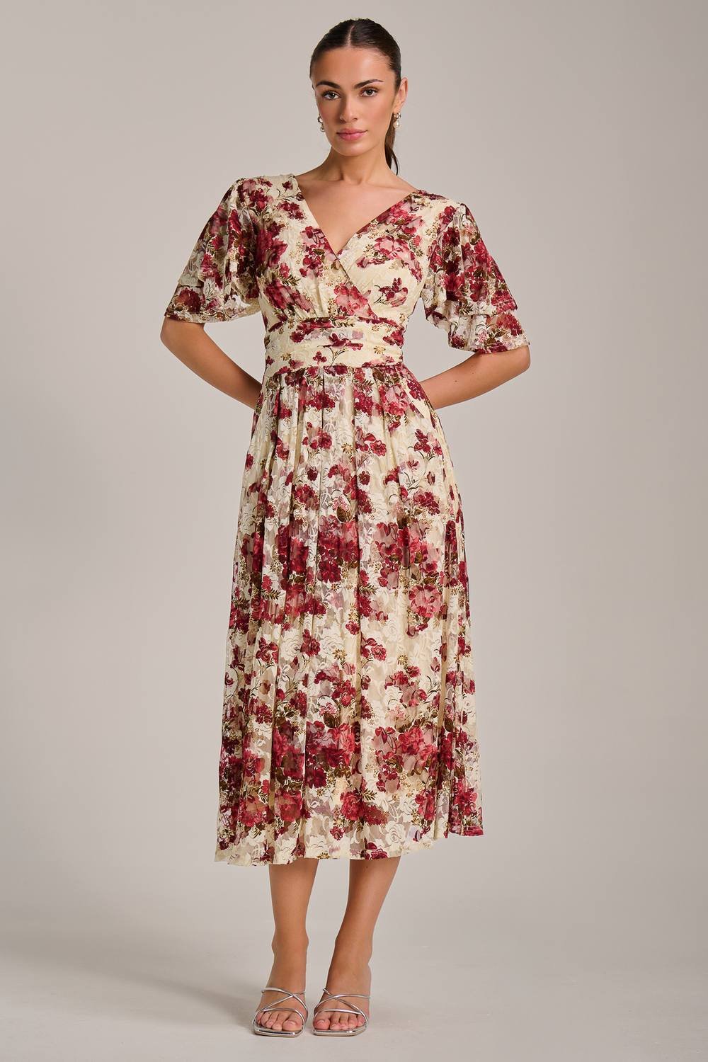 Jolie Moi Jolie Moi Women's Angel Sleeve Print Lace Maxi Dress in Beige - 3