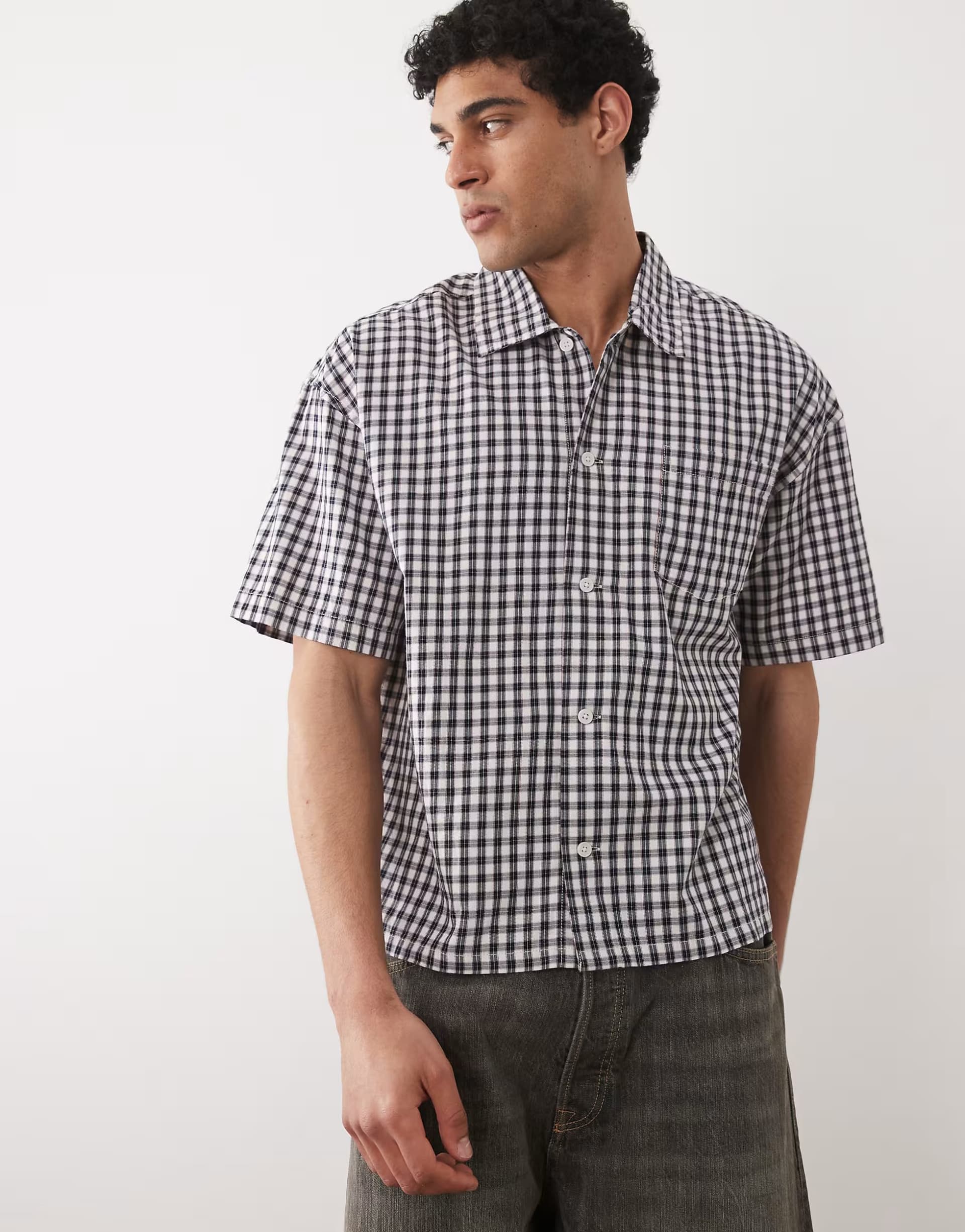 ASOS Jack & Jones short sleeve micro check shirt in navy and white