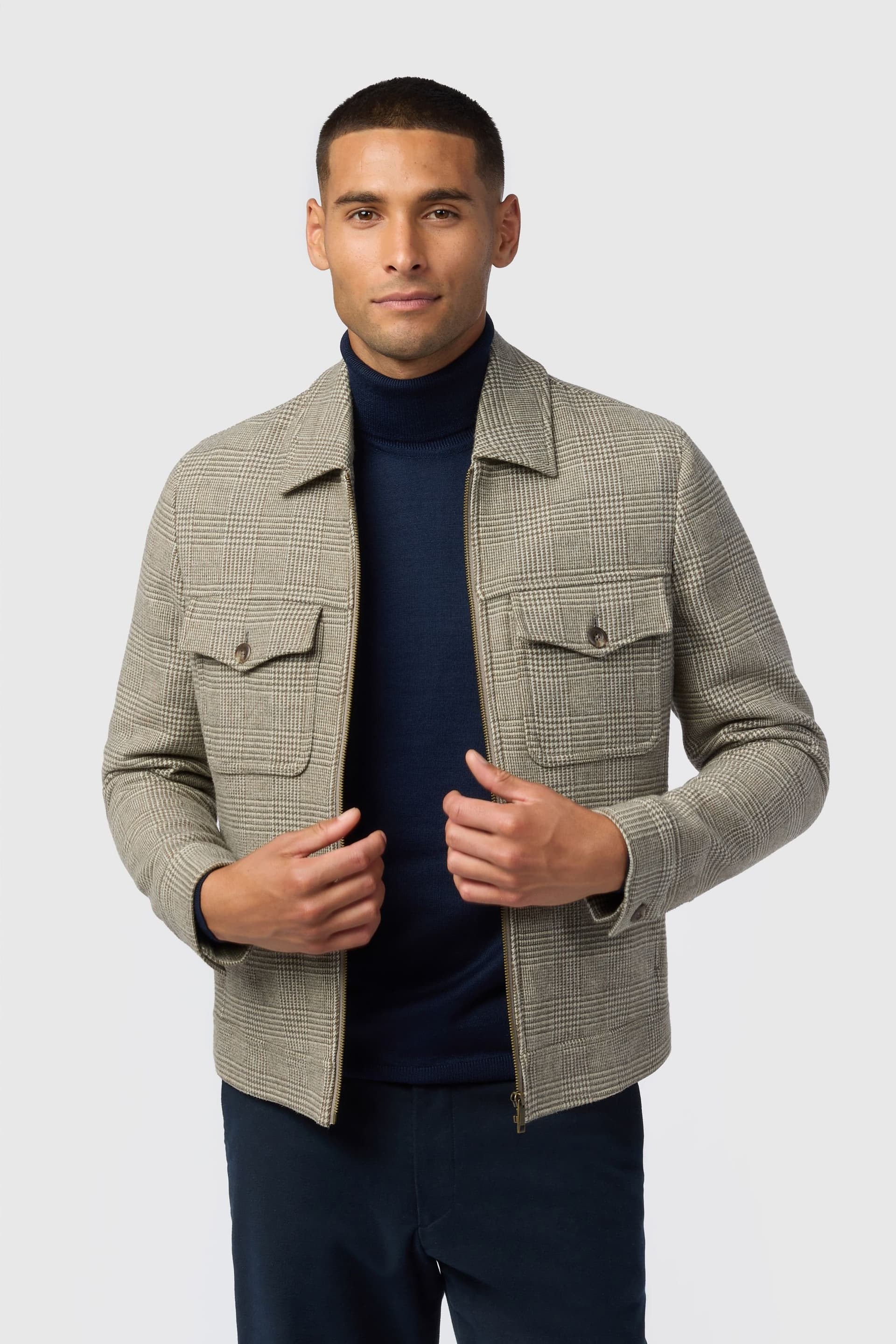 Melka Melka Men's Taupe Check Zip Front Jacket in Beige