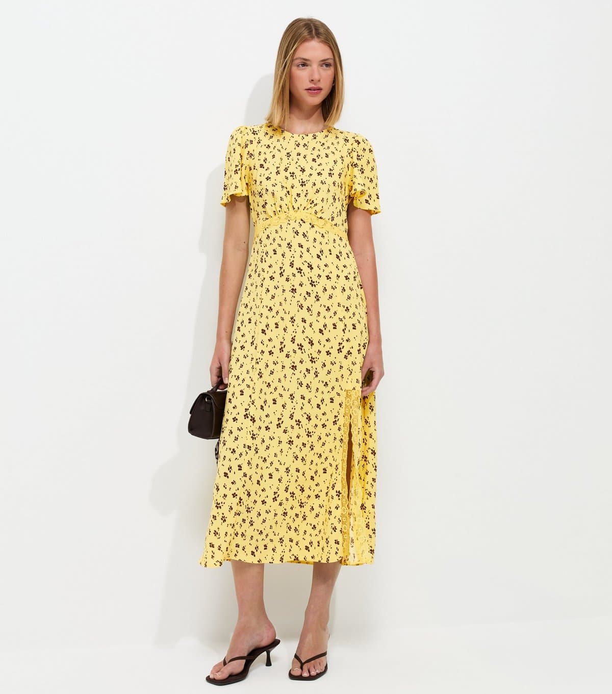New Look Women's Yellow Ditsy Print Lace Trim Midi Dress New Look