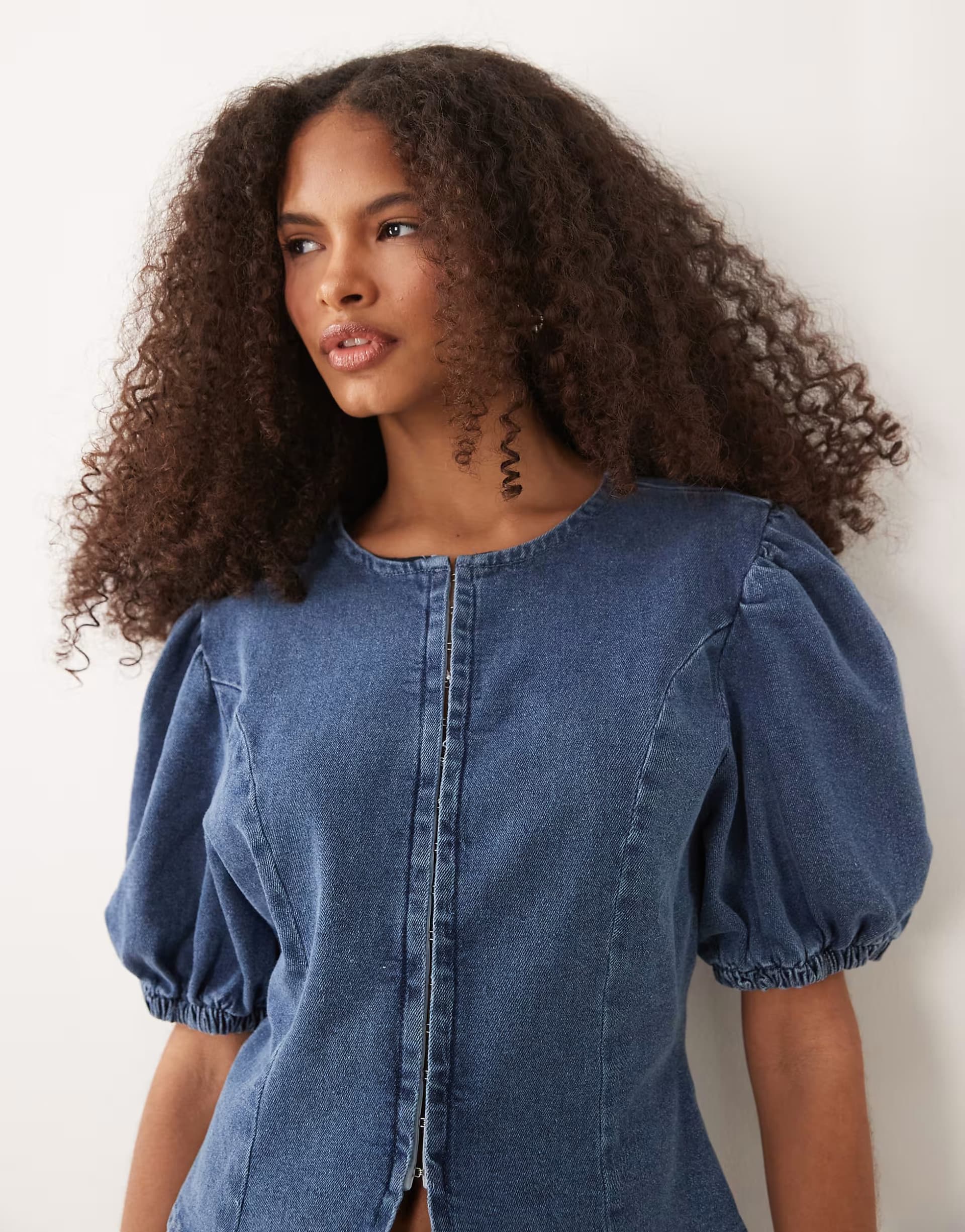 ASOS Miss Selfridge puff sleeve denim top co-ord in mid blue wash