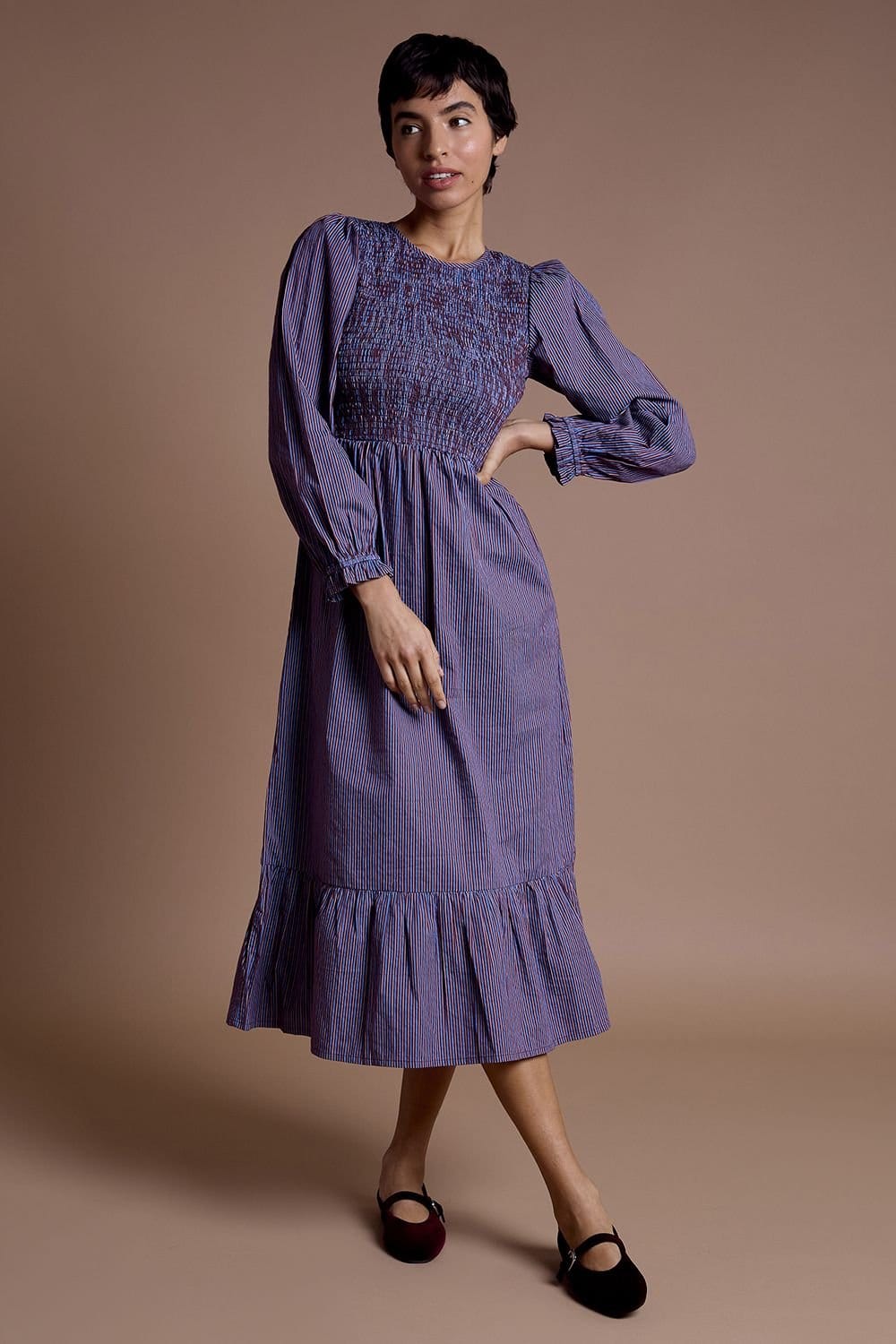 Neon Rose Blue Cotton Multi Stripe Shirred Midaxi Dress