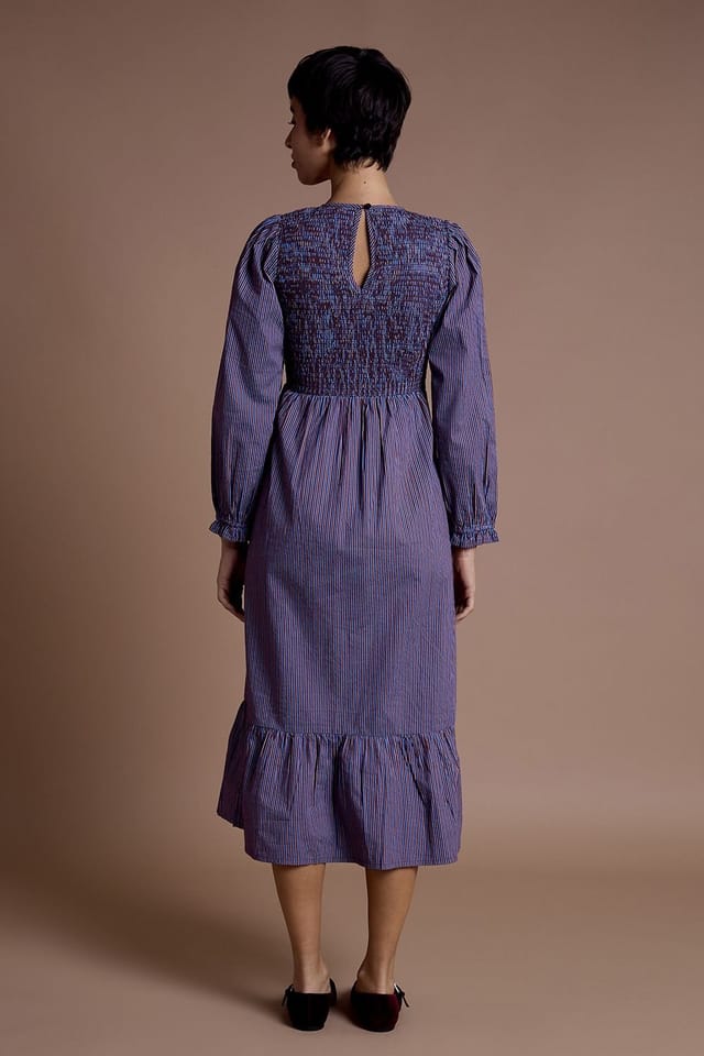 Neon Rose Neon Rose Women's Cotton Multi Stripe Shirred Midaxi Dress in Blue - 2
