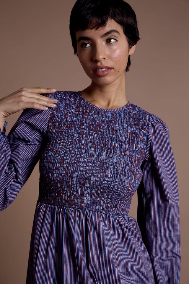 Neon Rose Neon Rose Women's Cotton Multi Stripe Shirred Midaxi Dress in Blue - 3