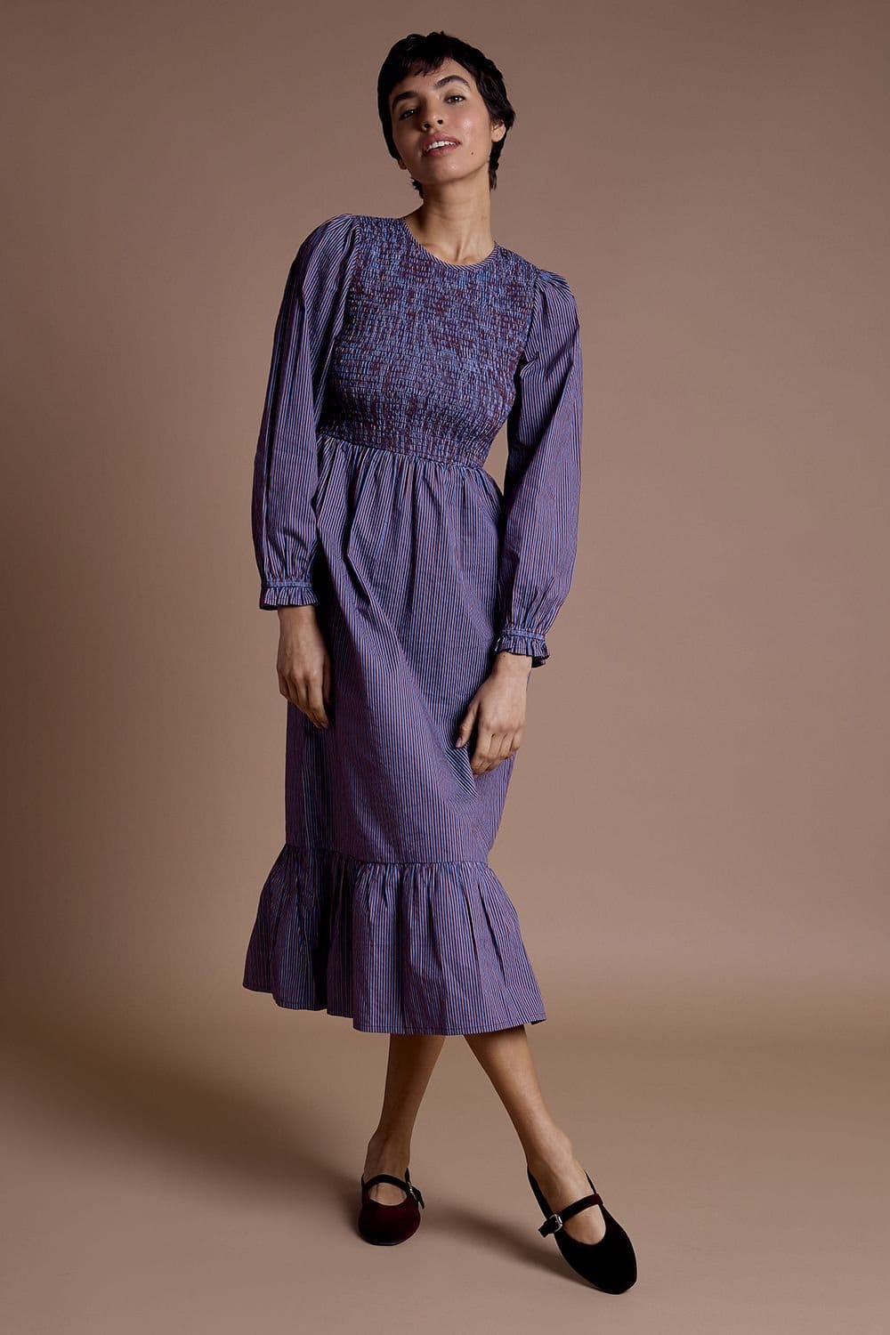 Neon Rose Neon Rose Women's Cotton Multi Stripe Shirred Midaxi Dress in Blue - 4