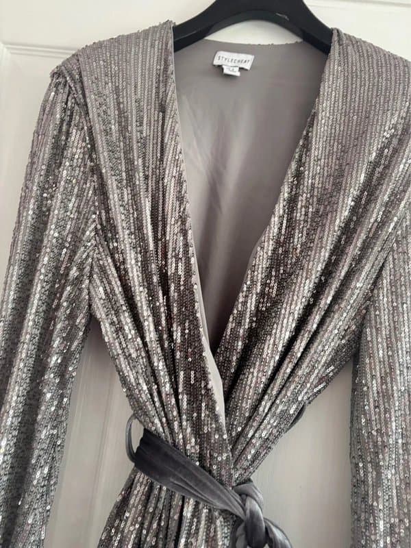 Style Cheat Stylecheat plunge silver sequin statement wrap dress wedding party holiday same day post