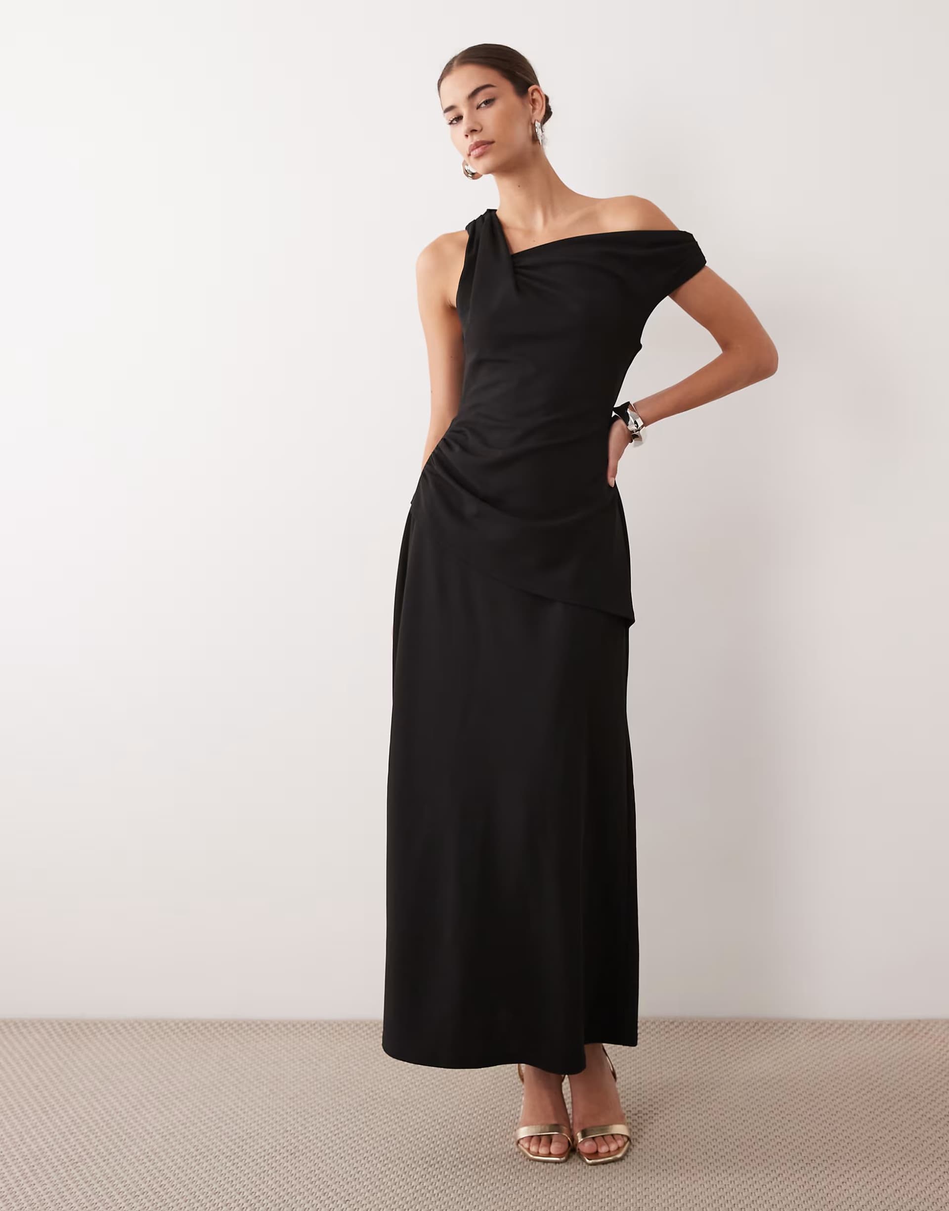 ASOS ASOS DESIGN crepe fallen shoulder maxi dress with ruched skirt detail in black