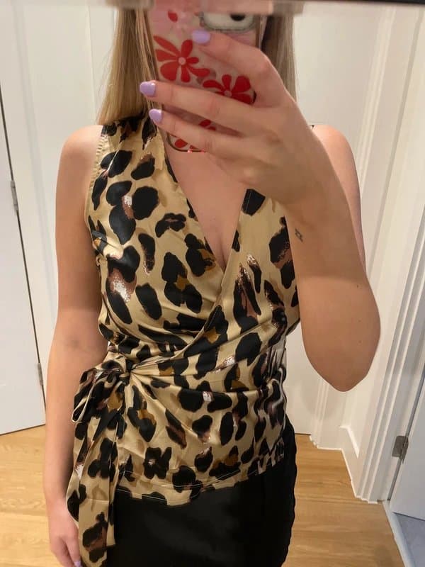 Never Fully Dressed Never fully dressed leopard satin wrap top / waistcoat style