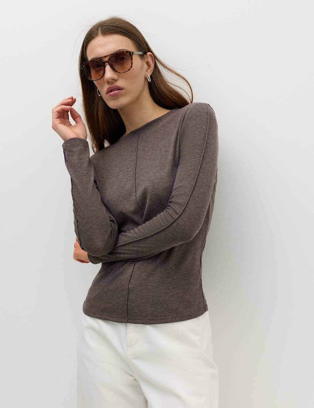 Marks & Spencer M&S Marl Long Sleeve Top with Wool Brown Marl - 1