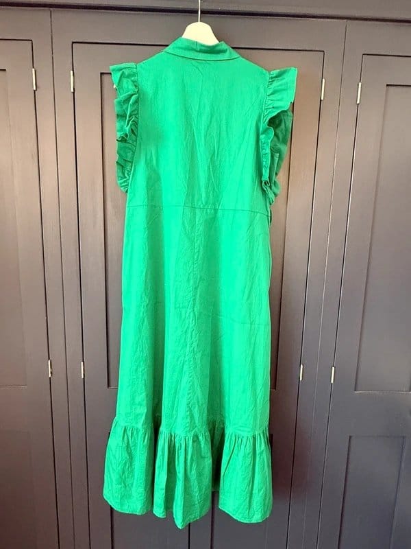 Blue Navy Blue Navy Italian Cotton Ruffle Midi Dress Kelly Green Pockets Size L - 1