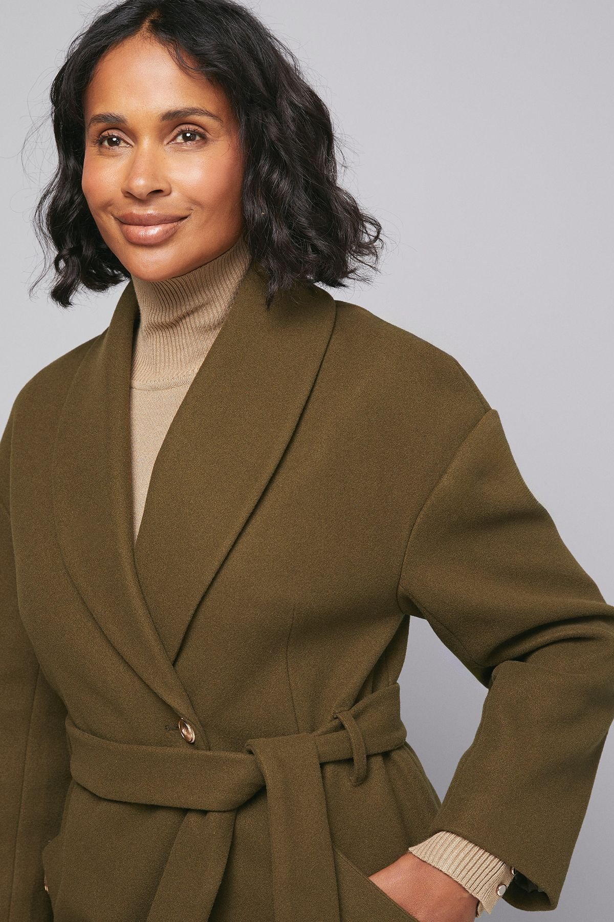 Wallis Wallis Women's Belted Shawl Collar Coat in Olive - 3