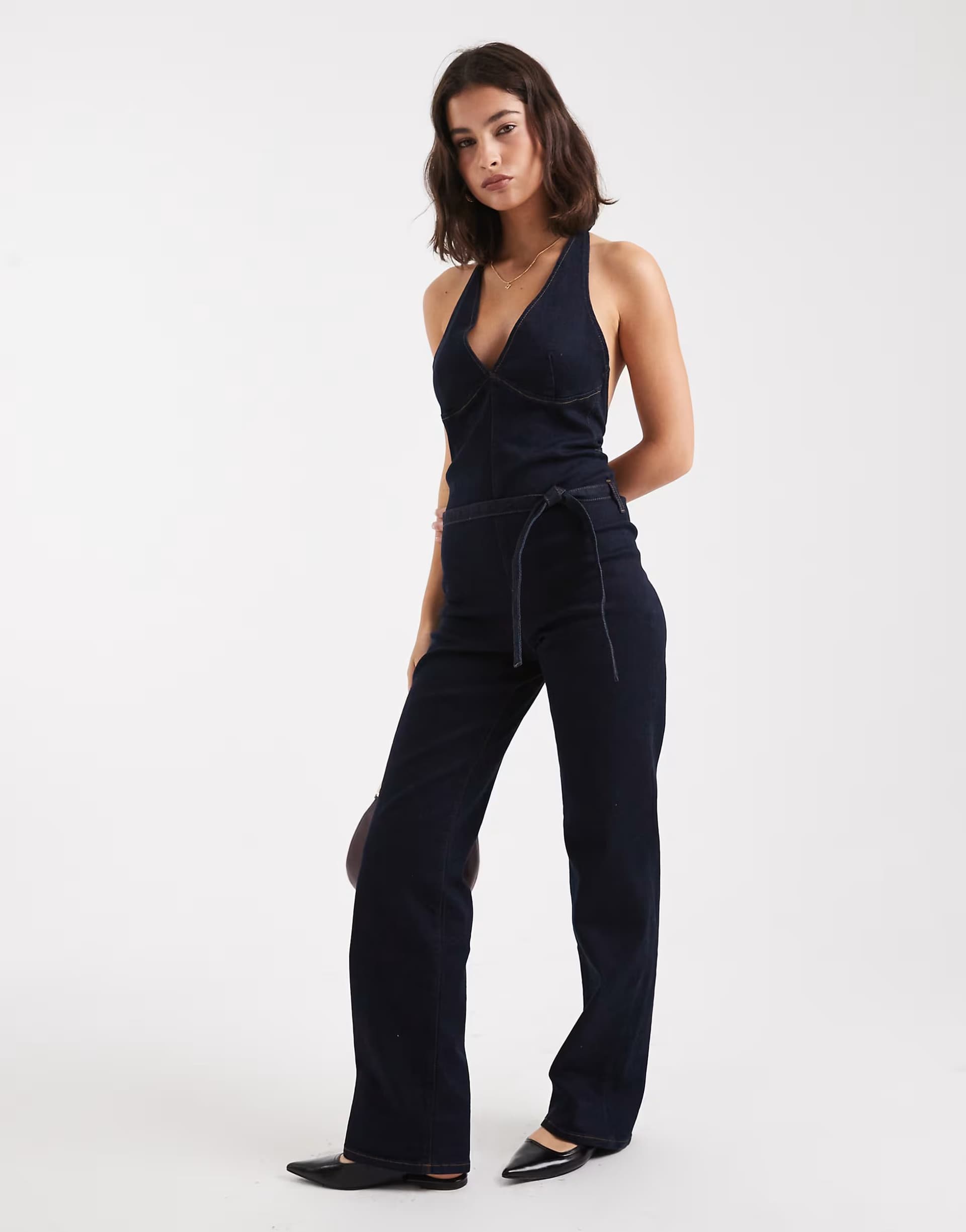 ASOS Miss Selfridge plunge tie waist jumpsuit in indigo