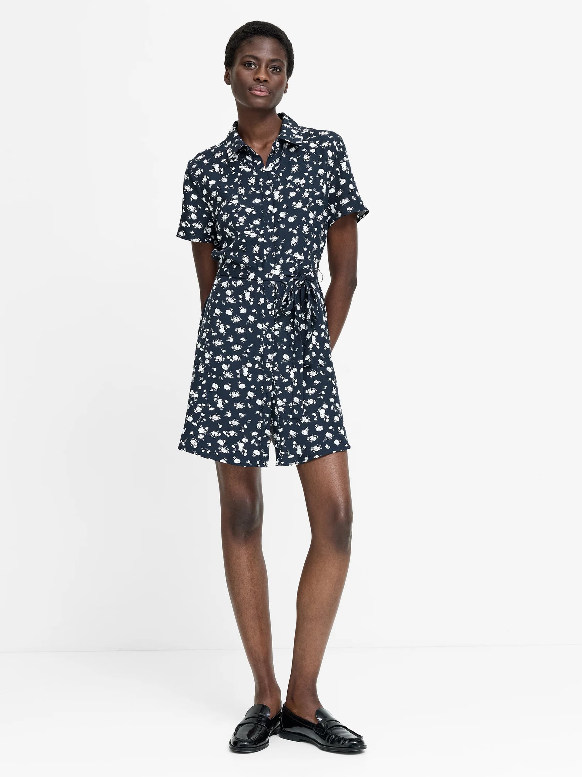 French Connection Navy Floral Printed Mini Shirt Dress Navy/White